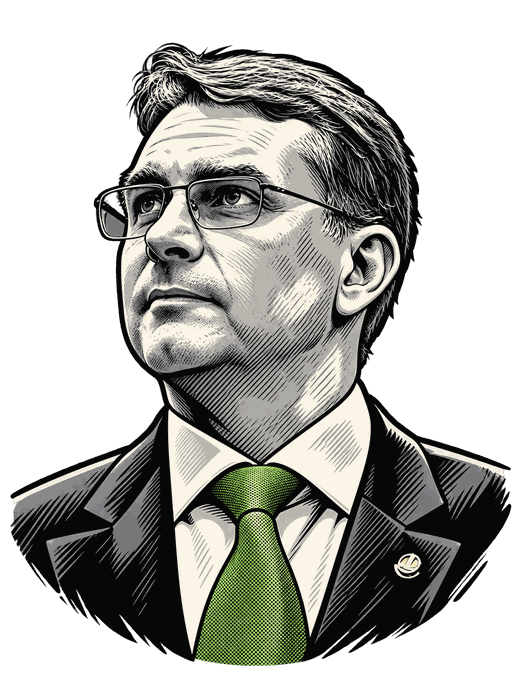 Ilustração de Flávio Bolsonaro, de terno e gravata, olhando para cima
